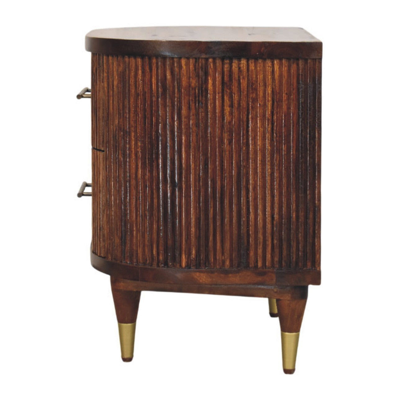 Solid Wood Ribbed Bedside with Brass Handles 2 Drawers Brown