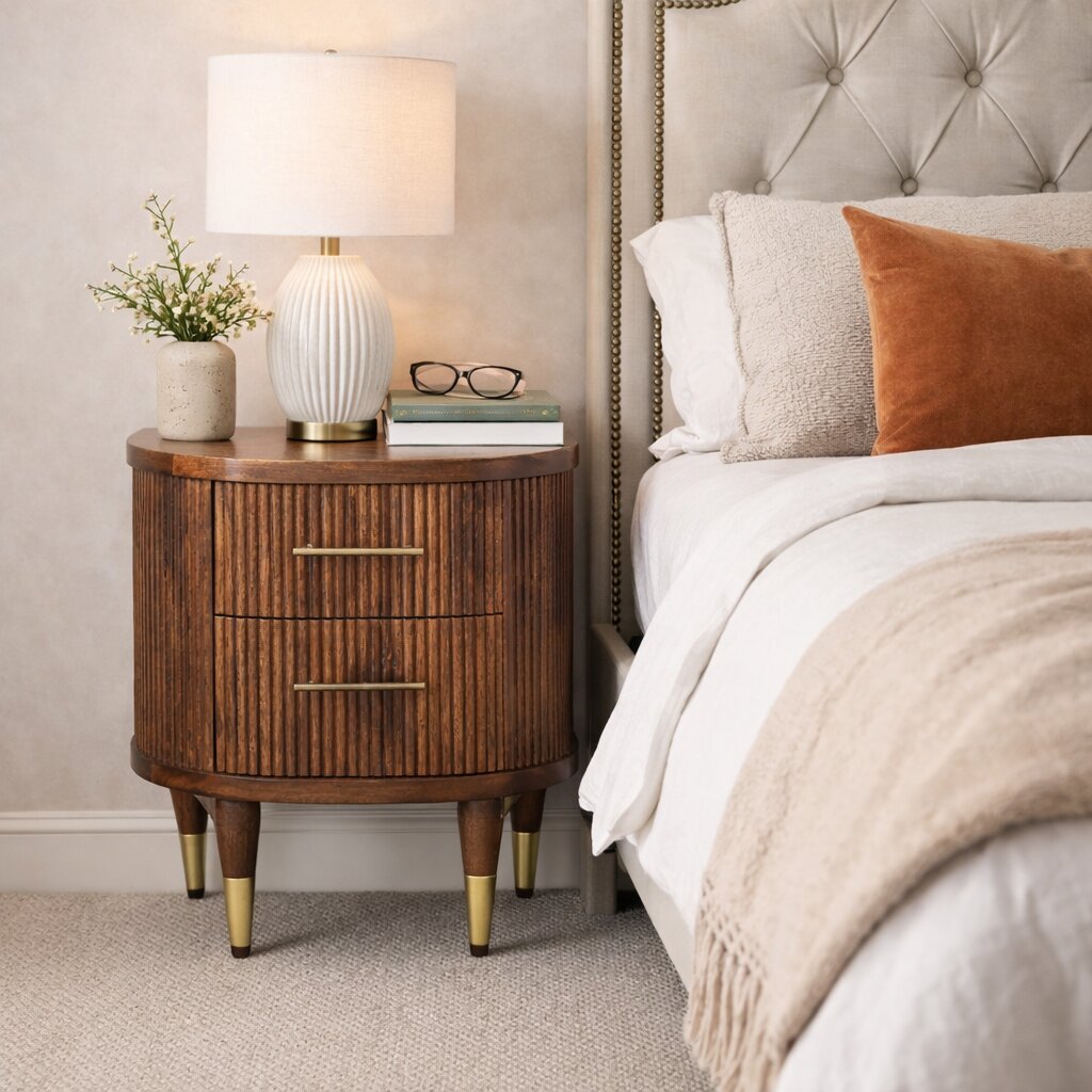 Solid Wood Ribbed Bedside with Brass Handles 2 Drawers Brown