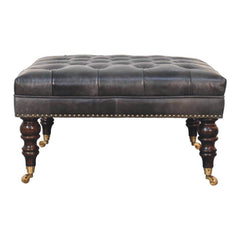Solid Wood Black Leather Upholstered Ottoman