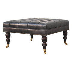 Solid Wood Black Leather Upholstered Ottoman