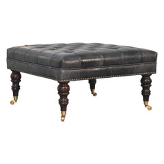 Solid Wood Black Leather Upholstered Ottoman