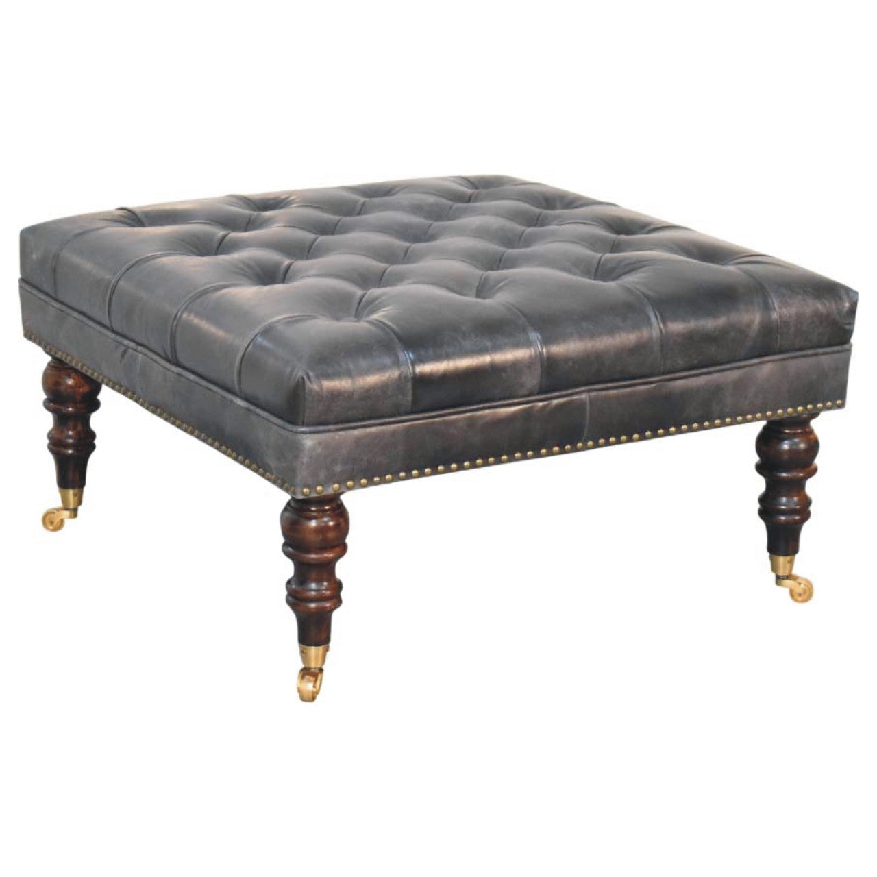Solid Wood Black Leather Upholstered Ottoman