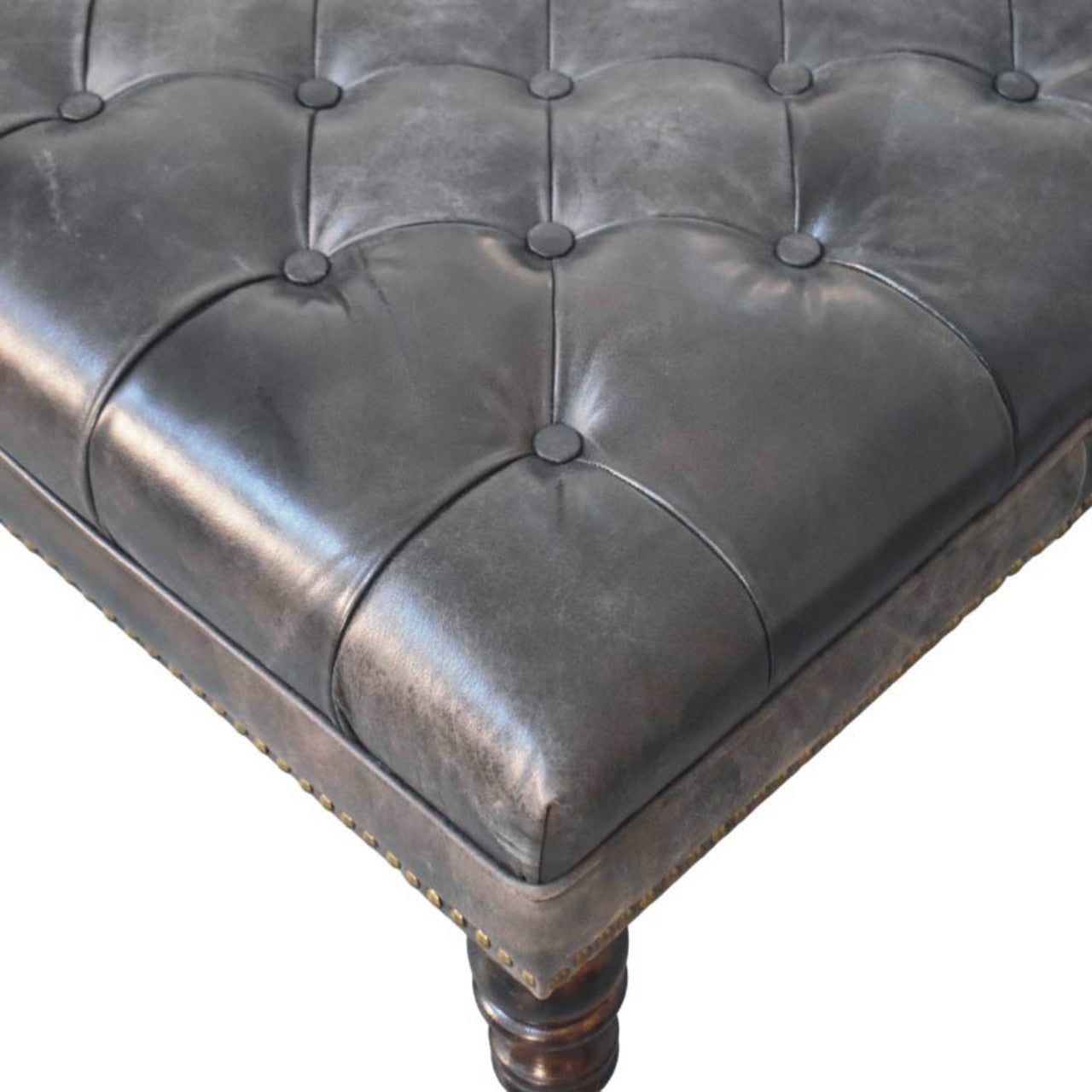 Solid Wood Black Leather Upholstered Ottoman