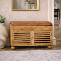 Solid Wood Oakridge Leather Shoe Cabinet 4 Shelves Beige
