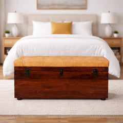 Solid Wood Tan Leather Storage Trunk Bench