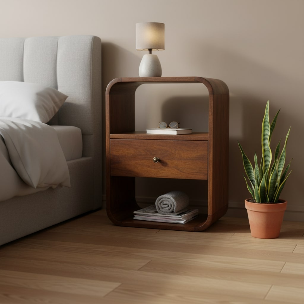 Solid Wood Chestnut Curved Edge Nightstand, 1-Drawer, 2 Open Slots, Brown