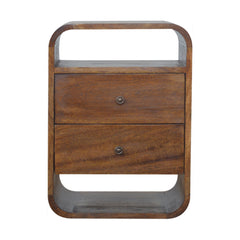 Solid Wood Chestnut Curve 2-Drawer Nightstand, 2 Open Slots, Brown