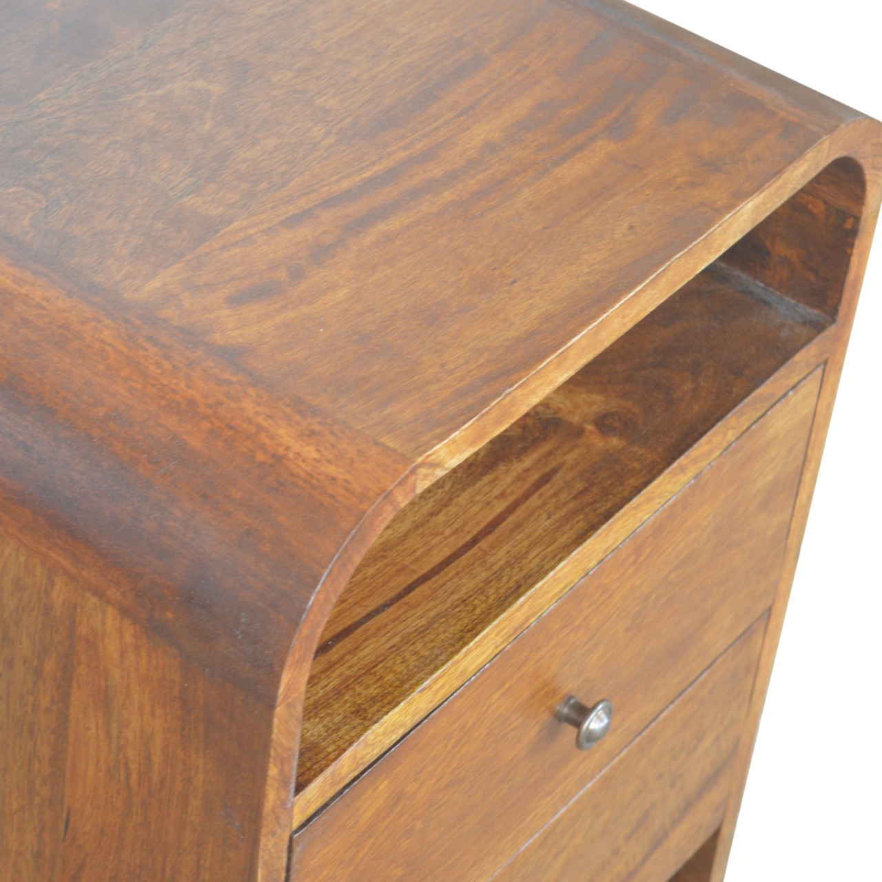 Solid Wood Chestnut Curve 2-Drawer Nightstand, 2 Open Slots, Brown