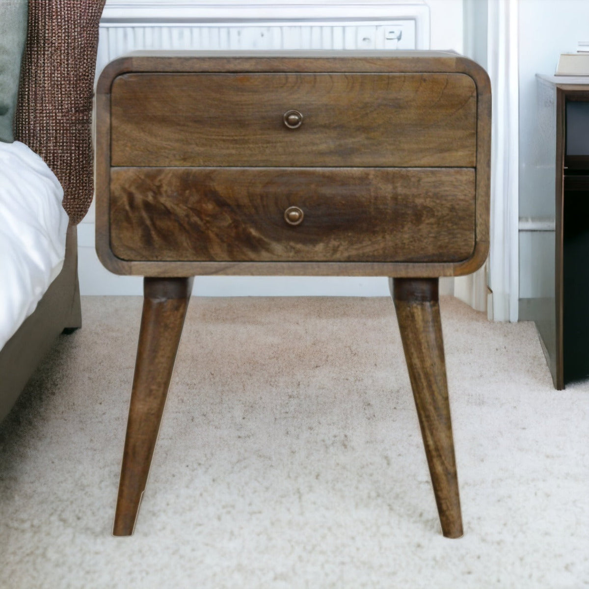 Curved Classic Grey Washed Nightstand, 2-Drawers, Nordic Legs, Brown