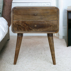 Curved Classic Grey Washed Nightstand, 2-Drawers, Nordic Legs, Brown