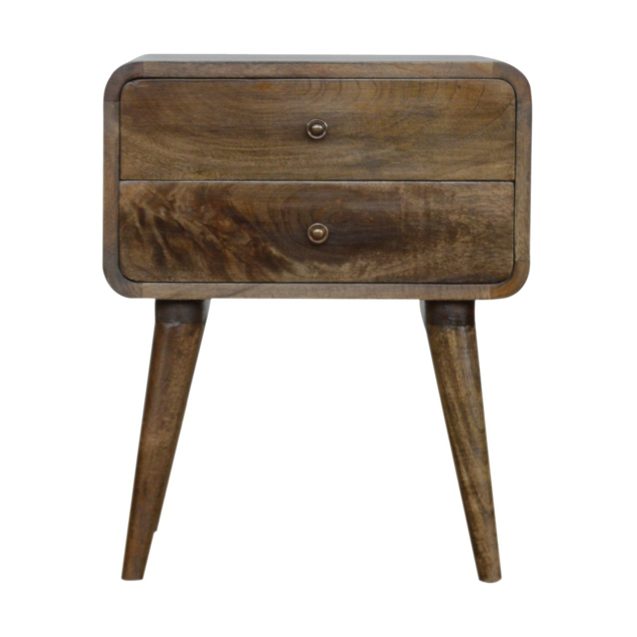 Curved Classic Grey Washed Nightstand, 2-Drawers, Nordic Legs, Brown