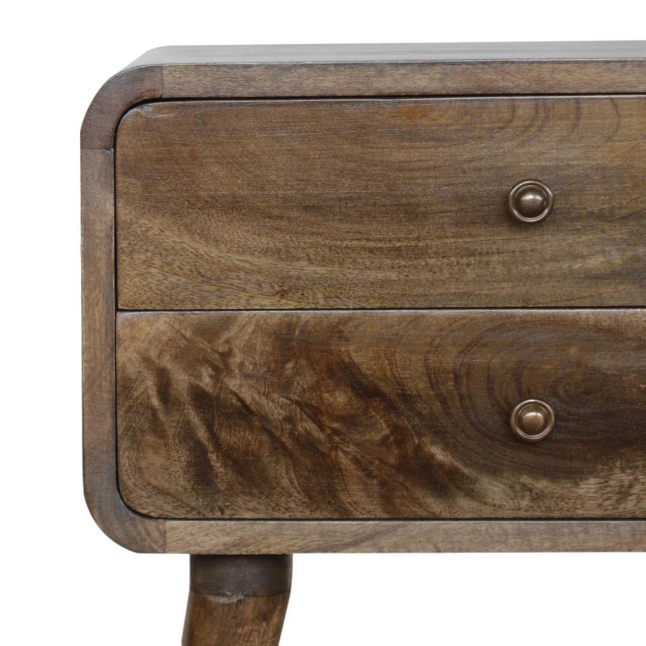 Curved Classic Grey Washed Nightstand, 2-Drawers, Nordic Legs, Brown