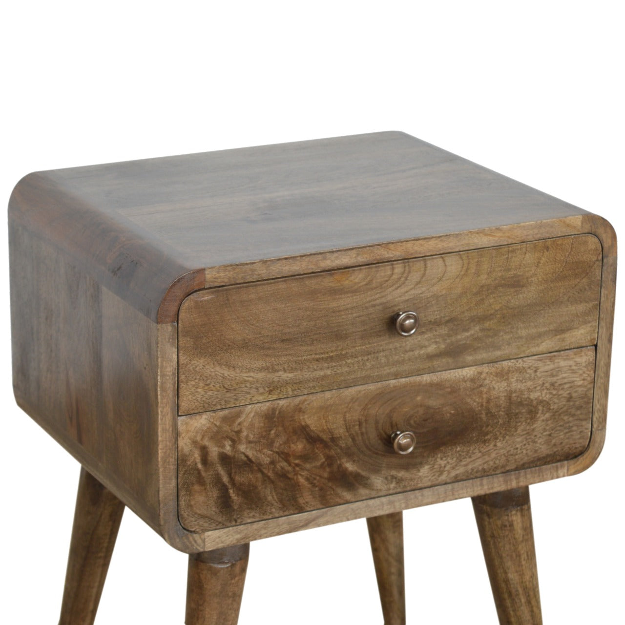 Curved Classic Grey Washed Nightstand, 2-Drawers, Nordic Legs, Brown