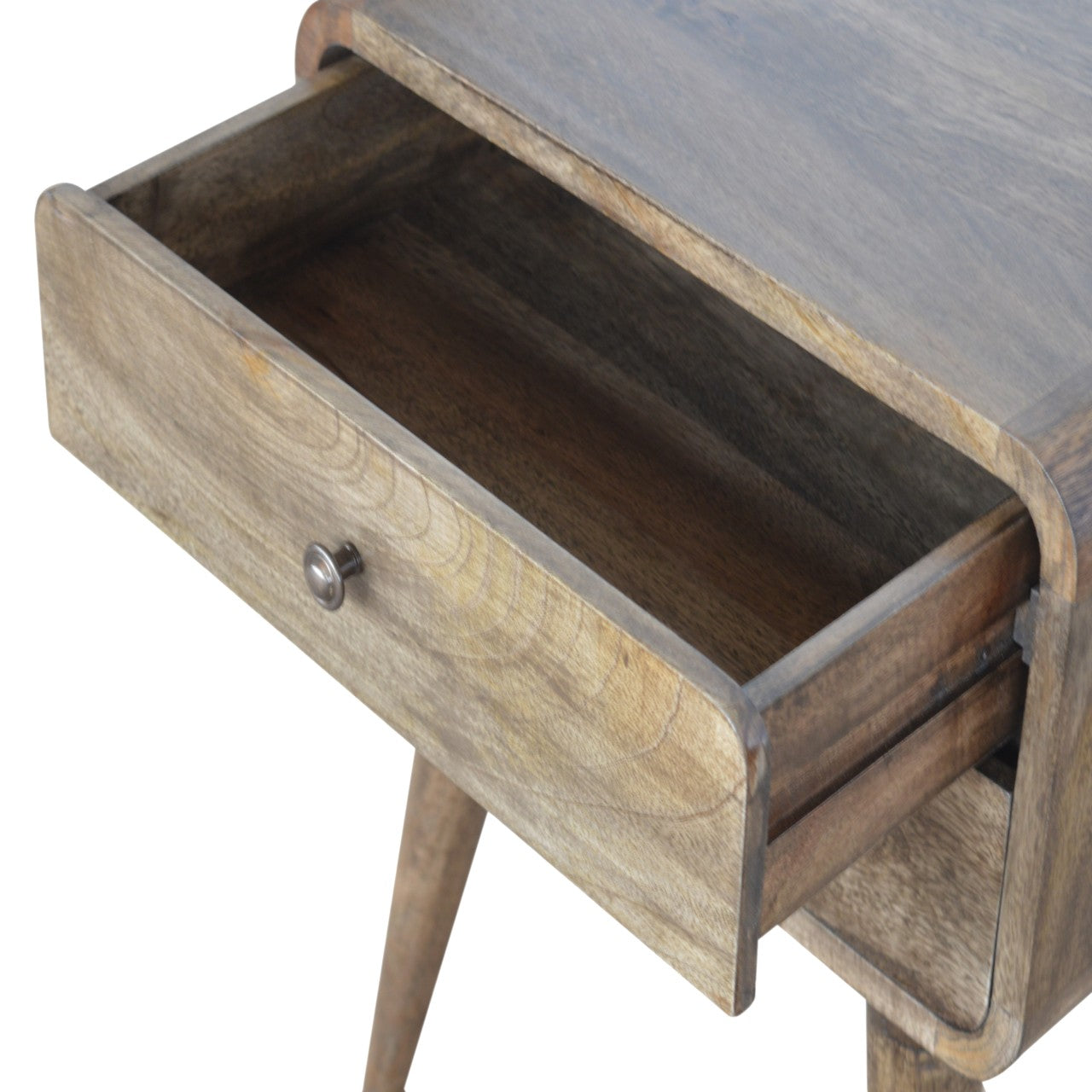 Curved Classic Grey Washed Nightstand, 2-Drawers, Nordic Legs, Brown