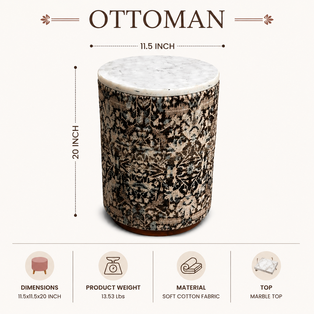Marble Top Drum Ottoman | 11.5 x 11.5 x 20" |  Accent Stool