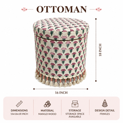 Bohemian Upholstered Ottoman with Hidden Storage, 16x16x18"