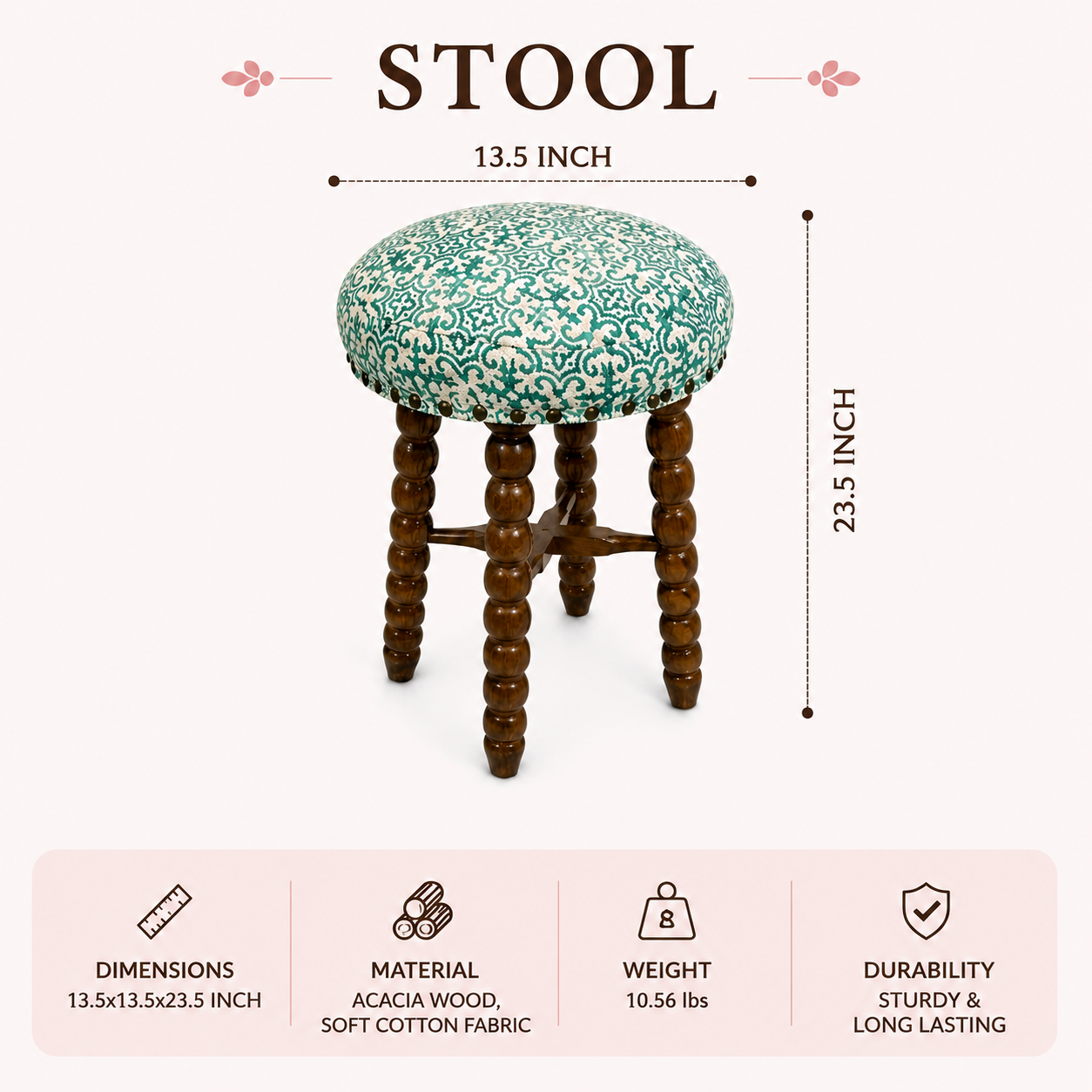 Spindle Upholstered Bar Stool with Solid Acacia Wood