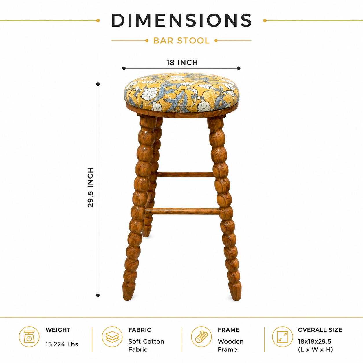 Spindle Upholstered Bar Stool with Solid Acacia Wood