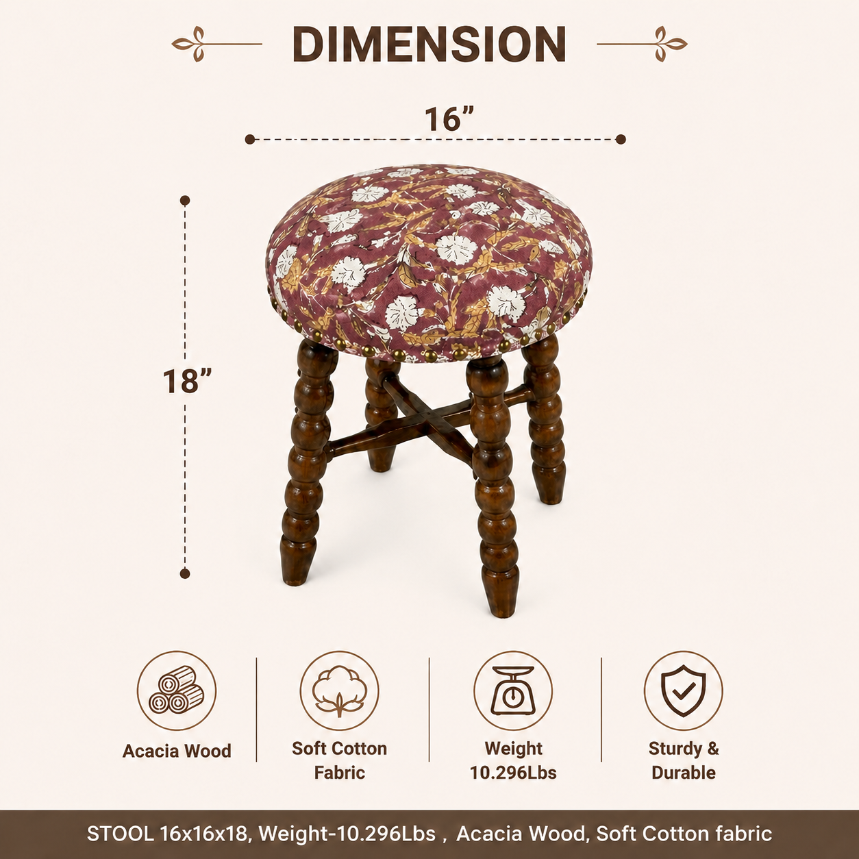 Spindle Upholstered Bar Stool with Solid Acacia Wood