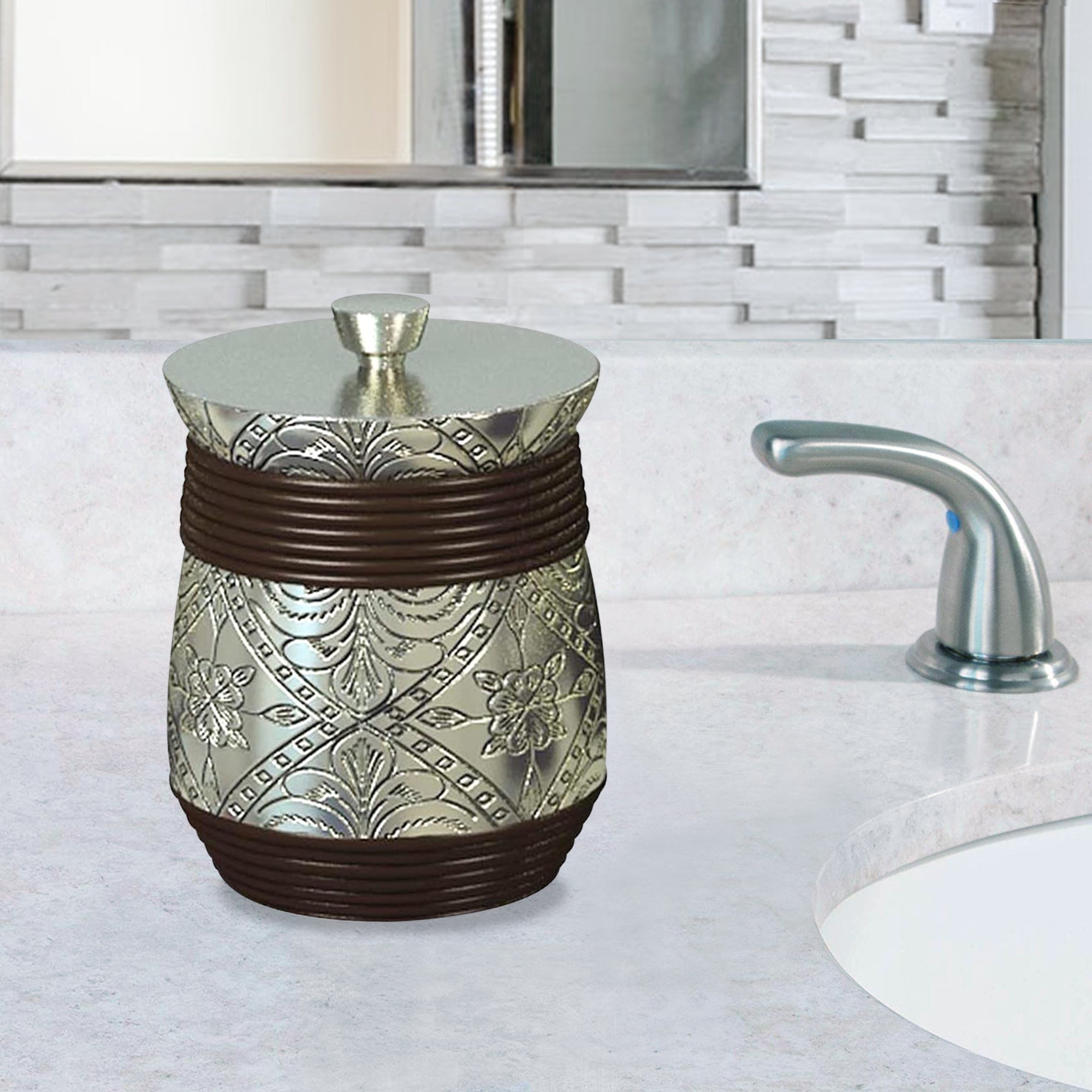 Jodhpur Resin Vanity Jar  | Stylish Storage for Cotton Swabs,Rounds,Balls,Sponges & Bath Salts  | Decorative Canister for Bathroom, Bedroom  | Silver/Orb