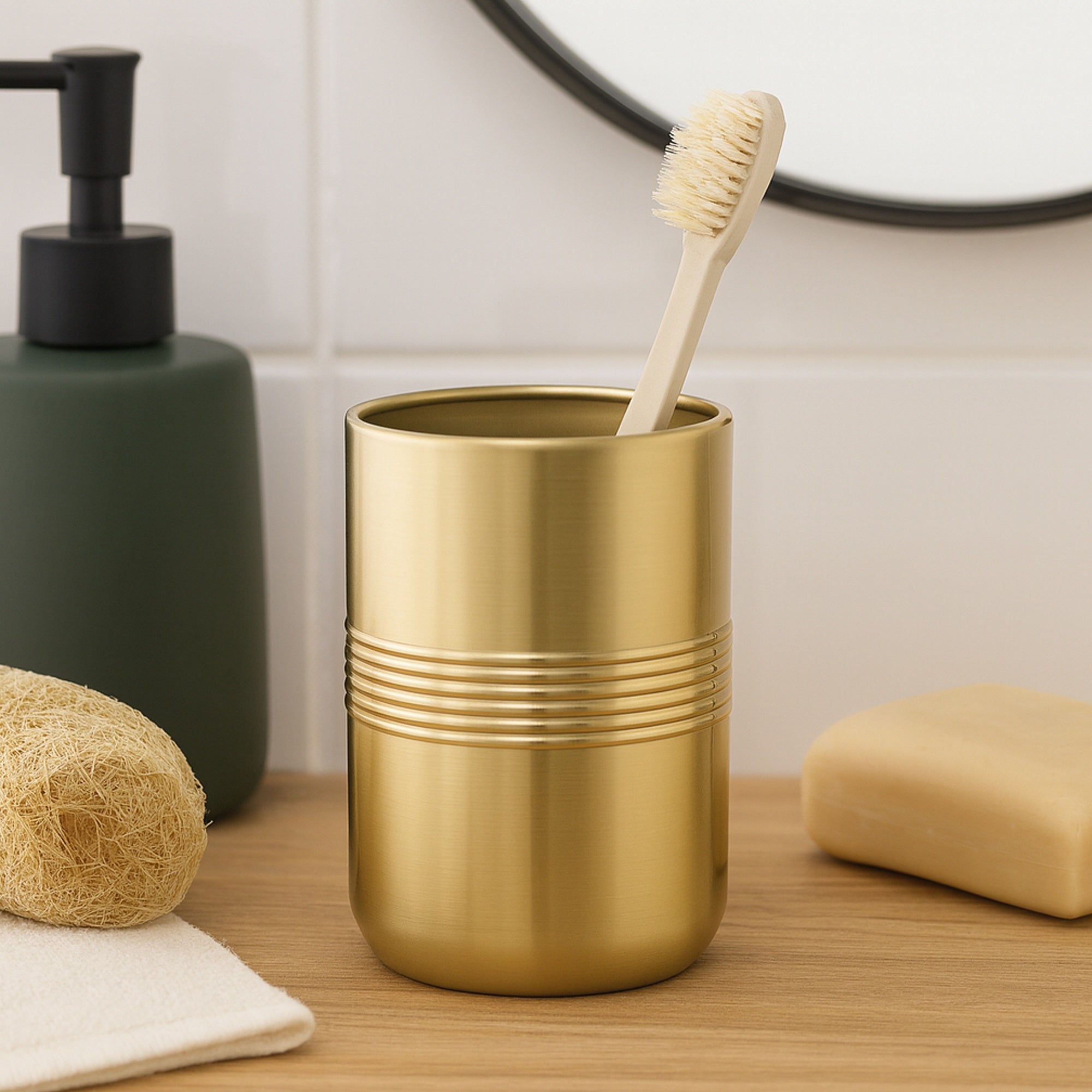 Stainless Steel Bathroom Tumbler Cup | Decorative Rinse Cup,Drinking Glass,Toothbrush & Makeup Brush Holder for Vanity Countertops,Sink & Desk-Gold