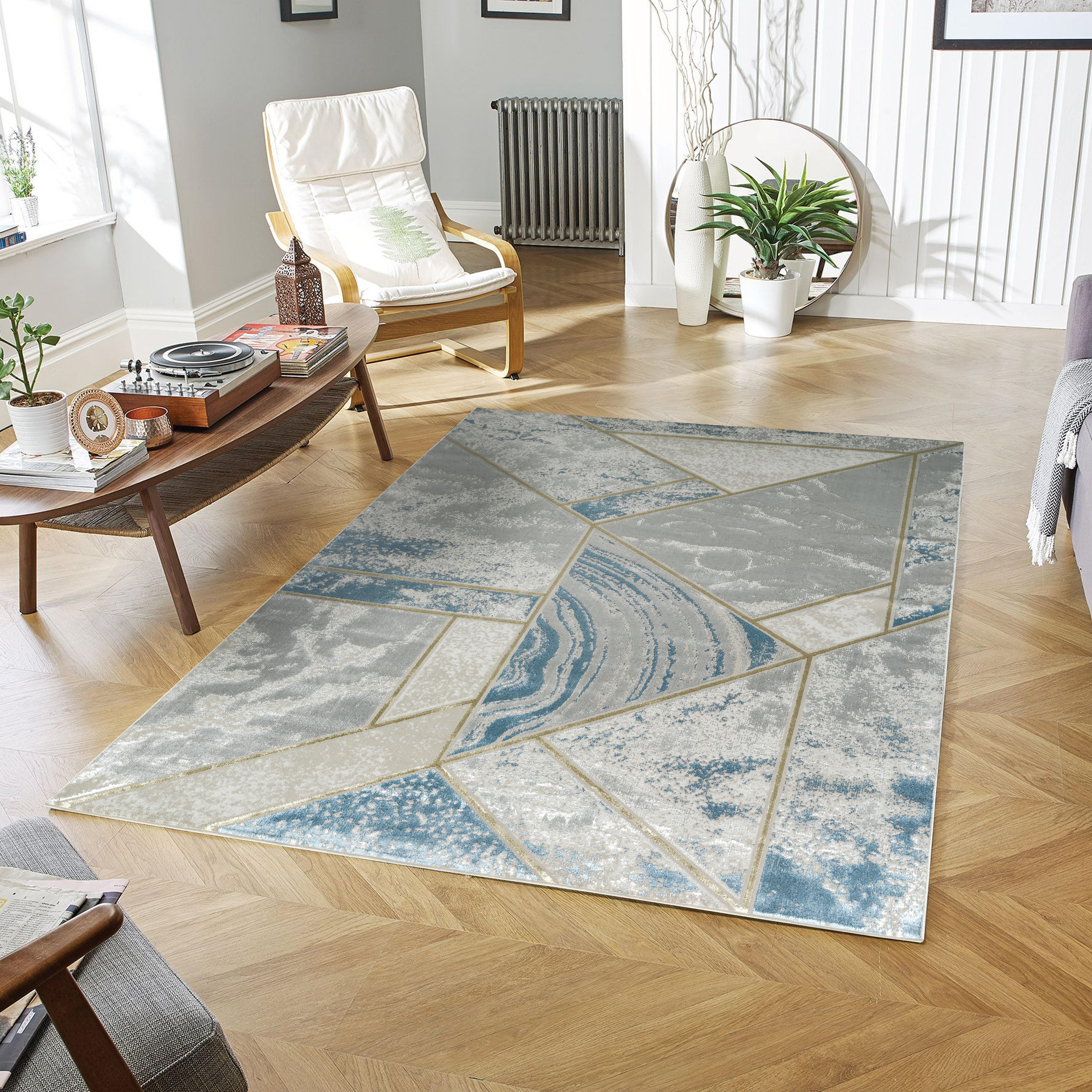 Modern Geometric Marble Mosaic Cream & Blue Area Rug, Runner & Round Rug – LP203 Cream/Blue