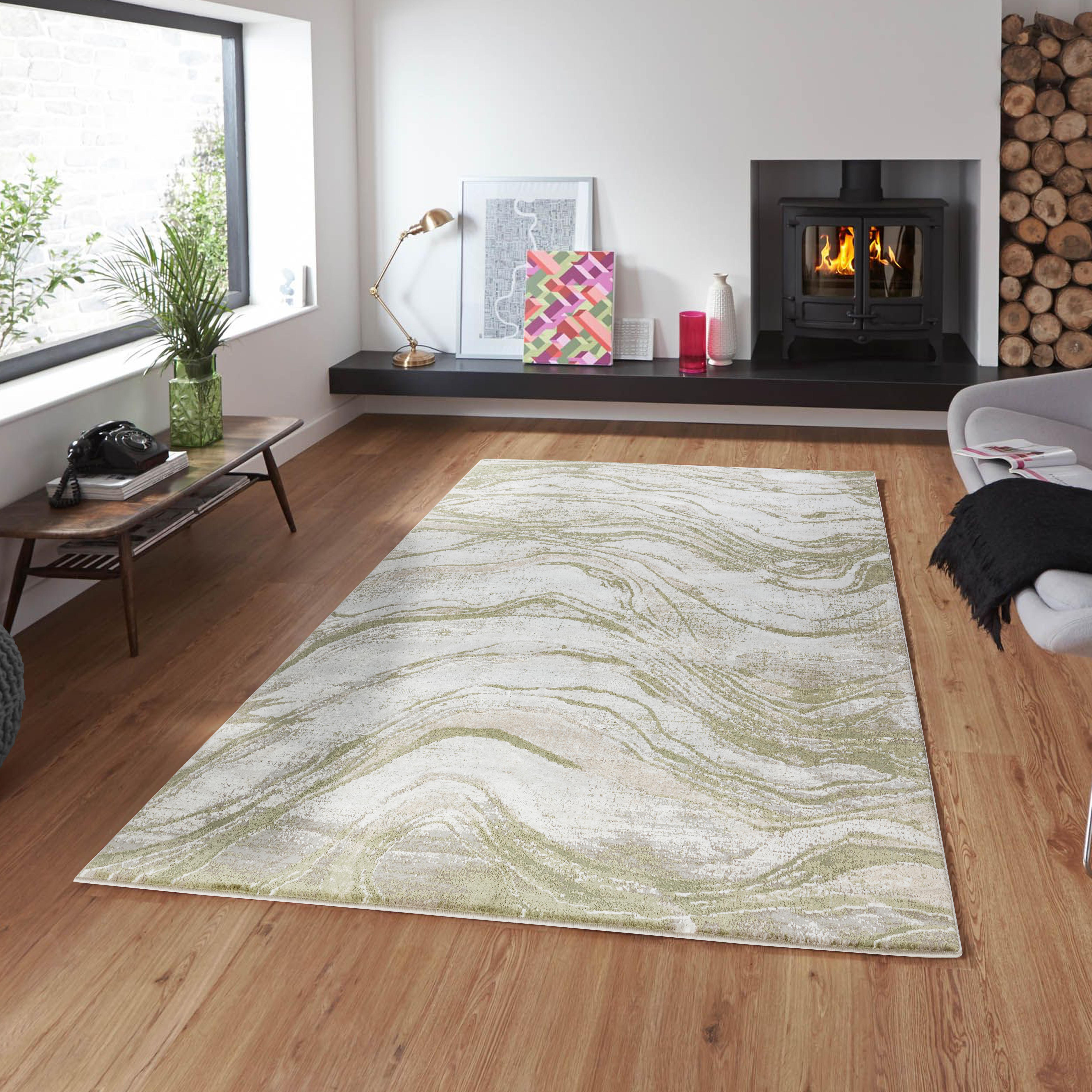 Merry MR108A Cream Green area rug styled in a room