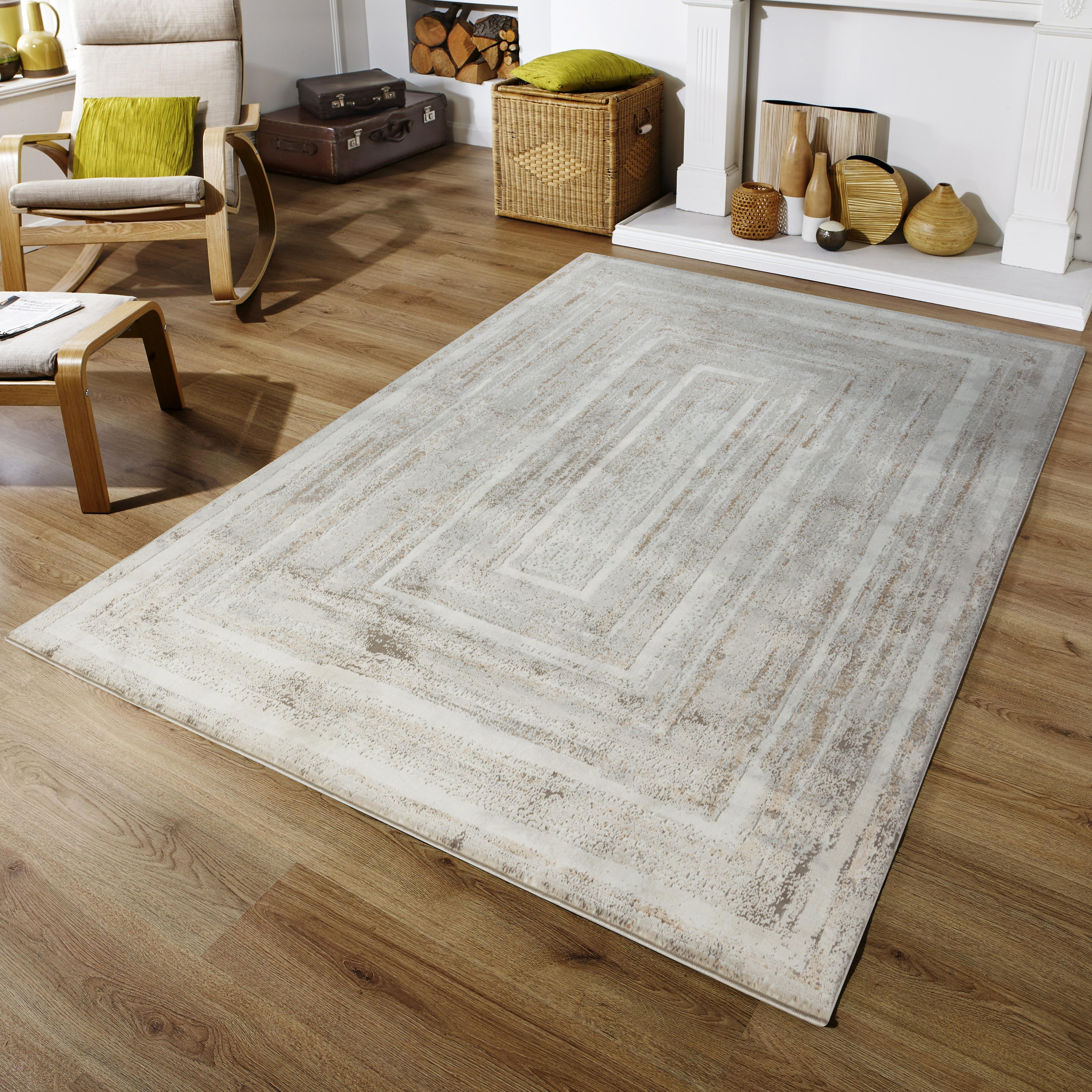 Modern Abstract Concentric Rectangle Cream & Gold Area Rug, Runner & Round Rug – MR246A Cream/Gold