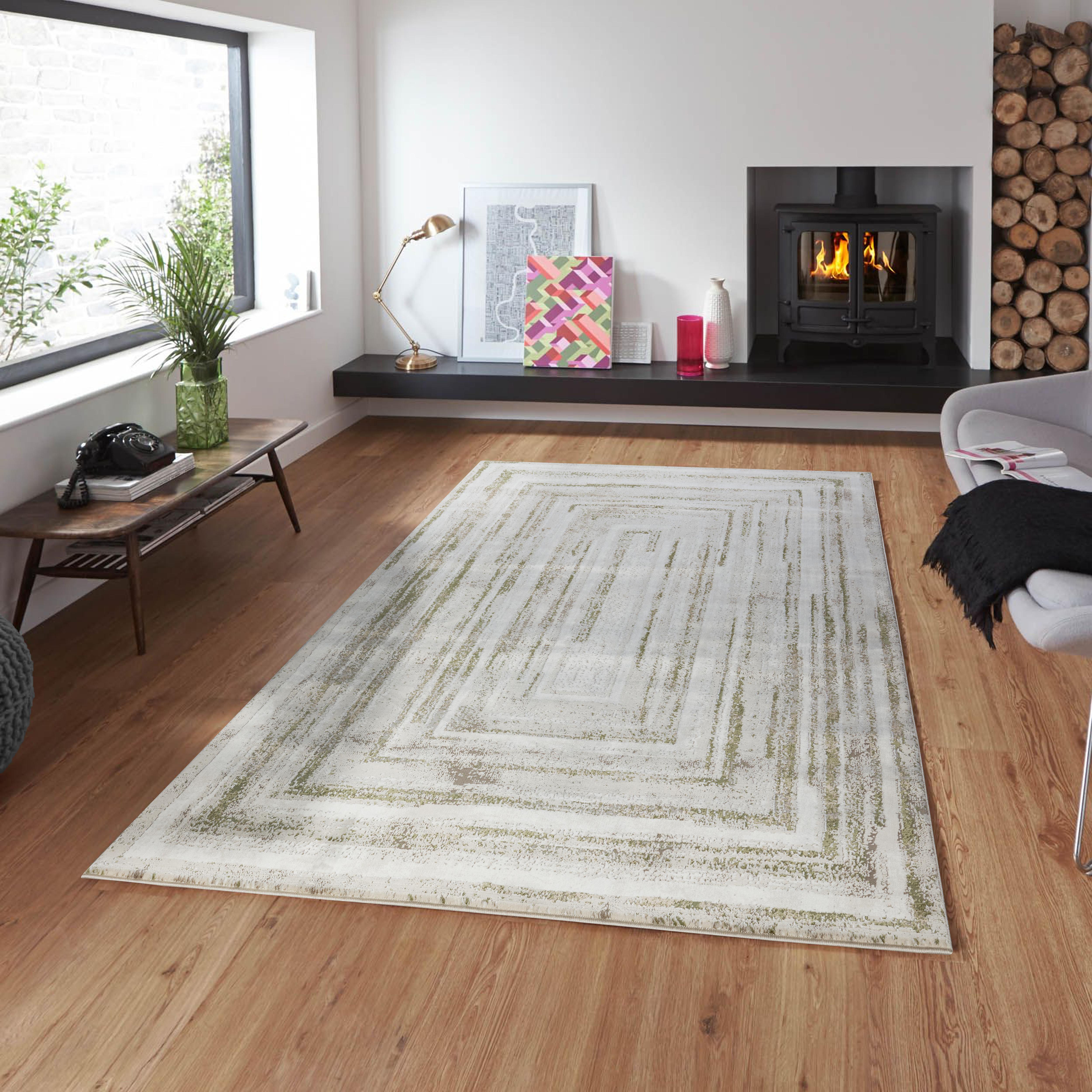 Modern Abstract Concentric Rectangle Cream & Green Area Rug, Runner & Round Rug – MR246A Cream/Green
