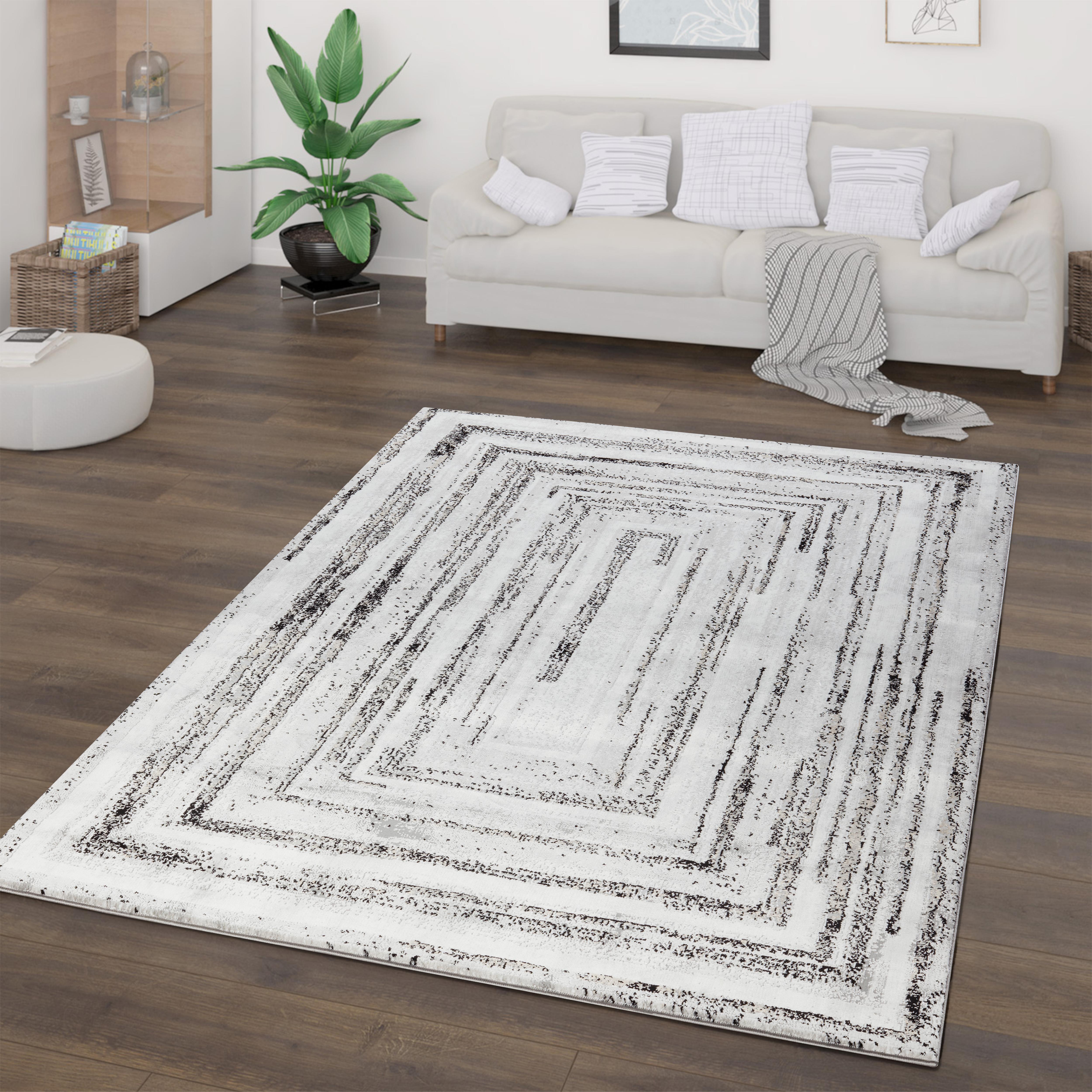 Modern Abstract Concentric Rectangle Grey & Black Area Rug, Runner & Round Rug – MR246A Grey/Black