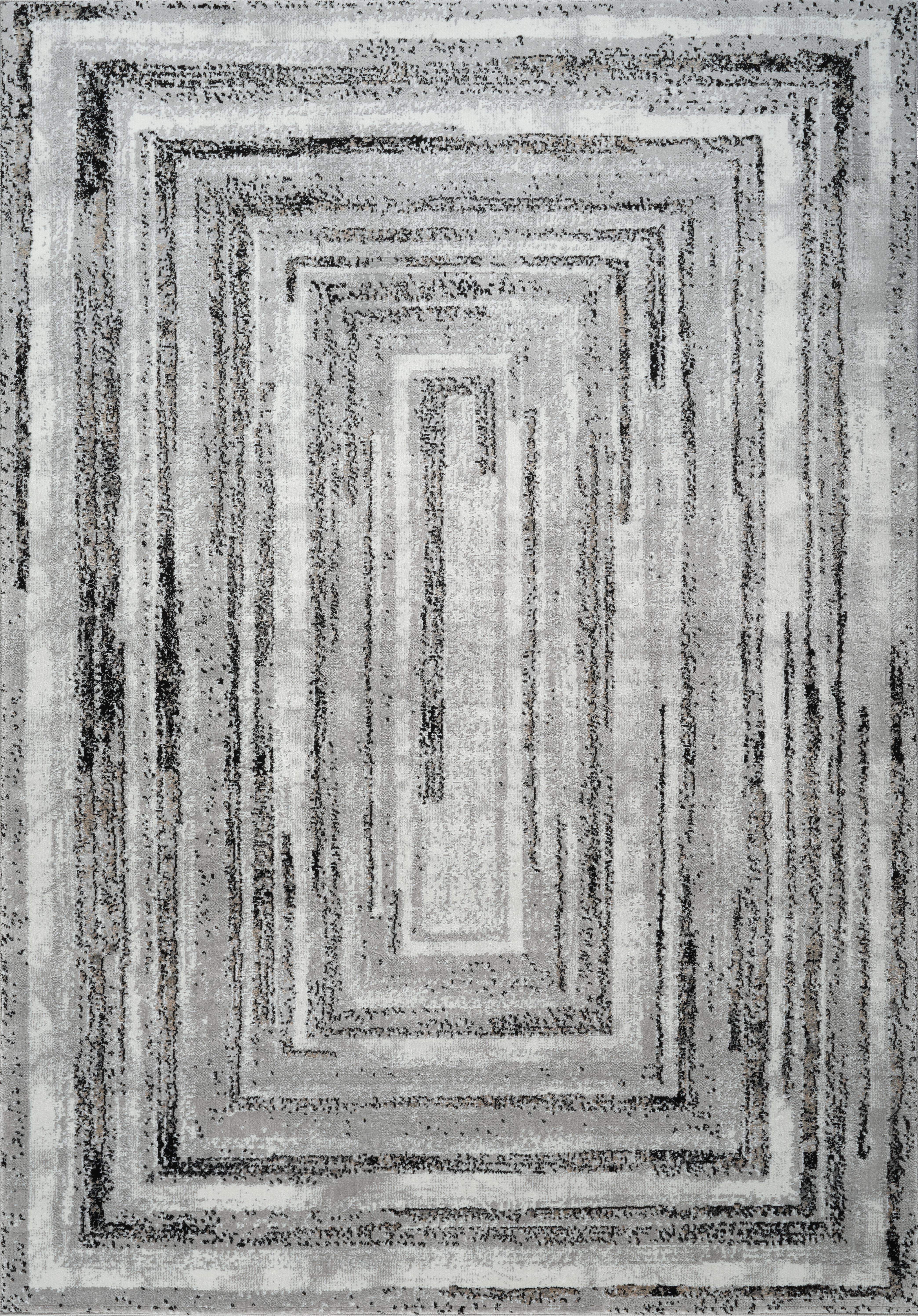 Modern Abstract Concentric Rectangle Grey & Black Area Rug, Runner & Round Rug – MR246A Grey/Black