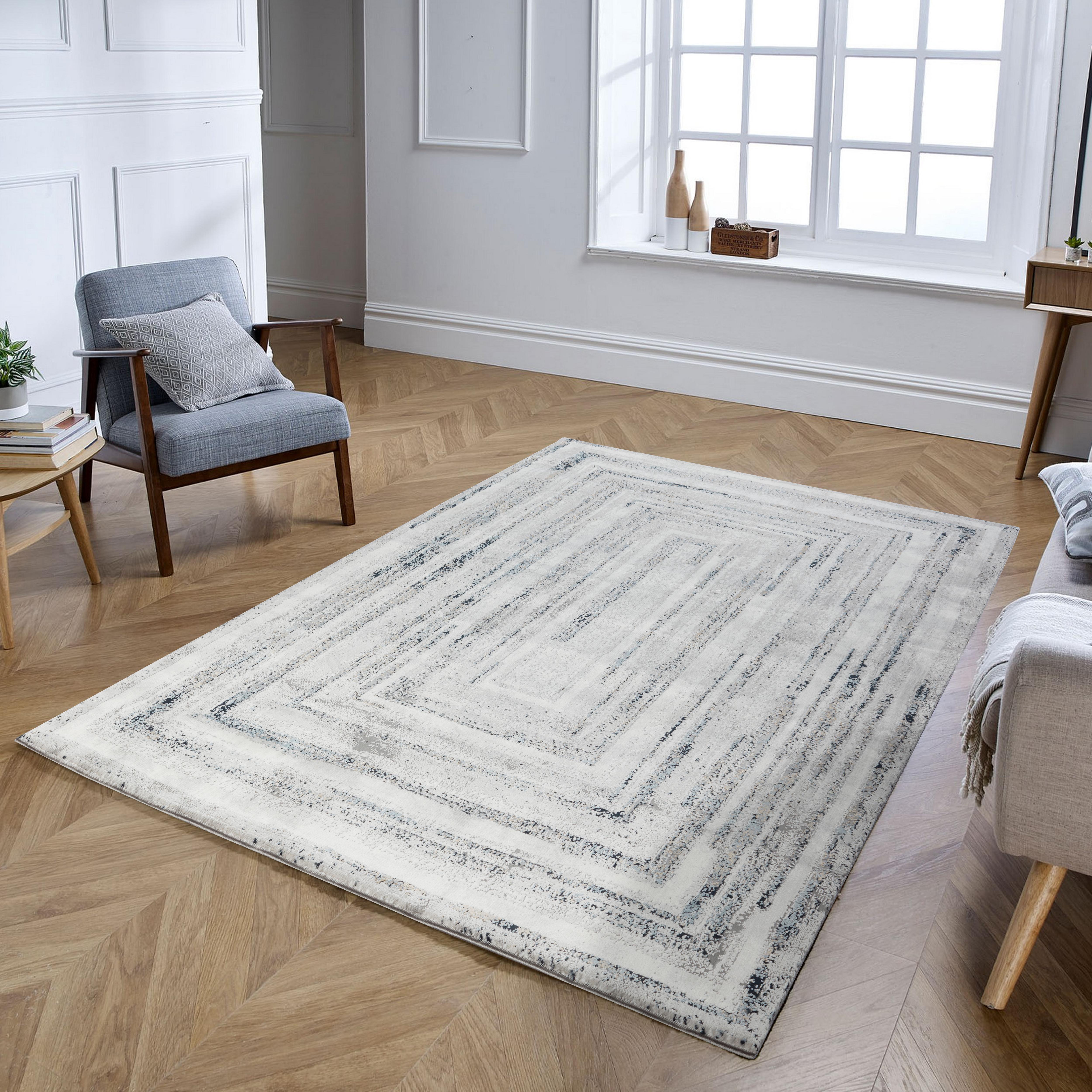 Modern Abstract Concentric Rectangle Grey & Navy Area Rug, Runner & Round Rug – MR246A Grey/Navy