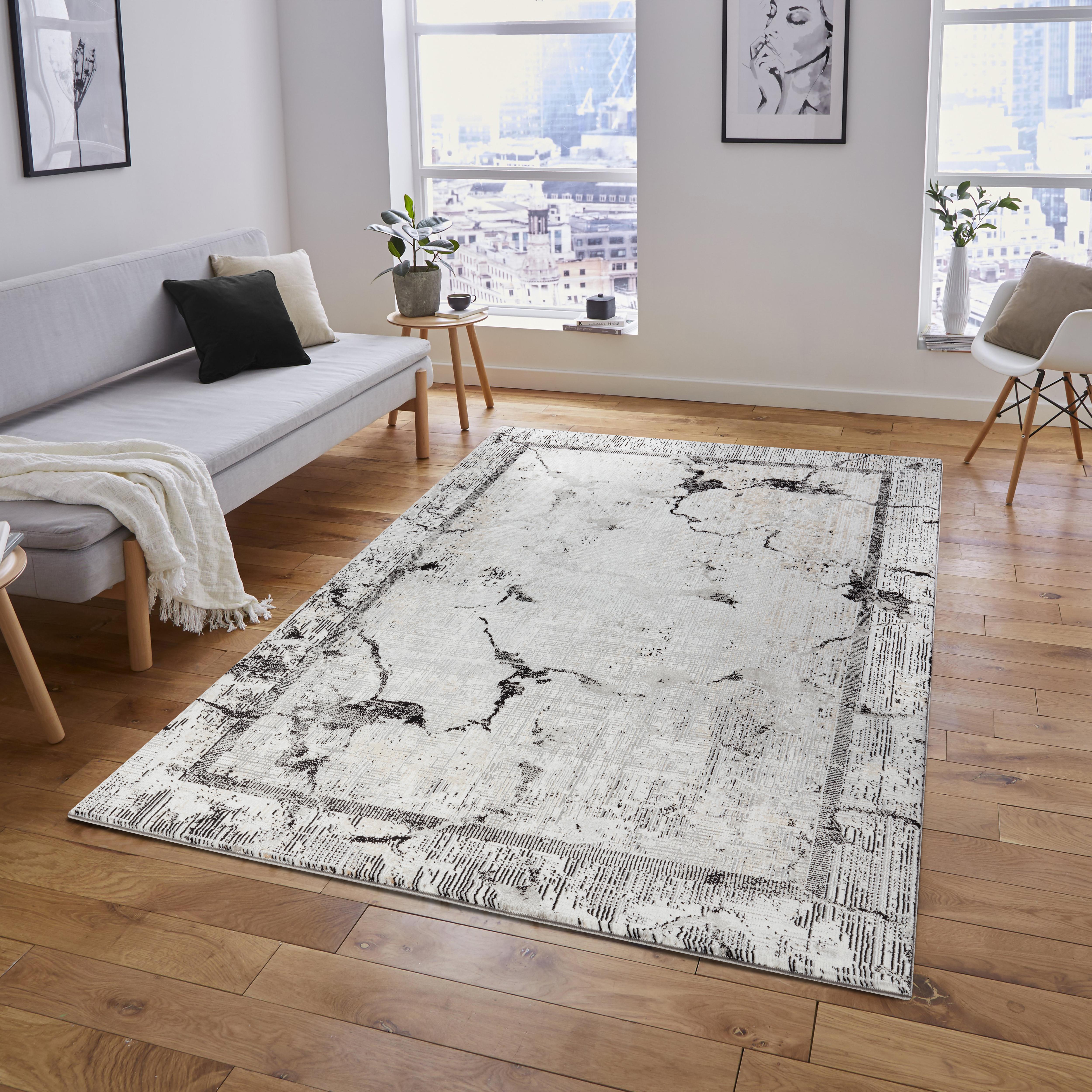 Modern Abstract Marble Crackle Bordered Grey & Black Area Rug, Runner & Round Rug – MR334A Grey/Black