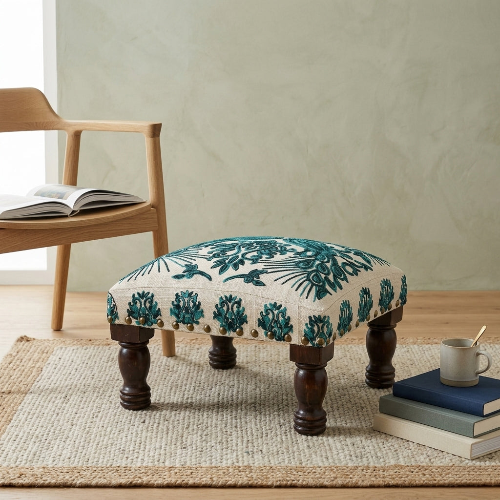 Bohemian Embroidered Upholstered Foot Stool, 16x16x8"