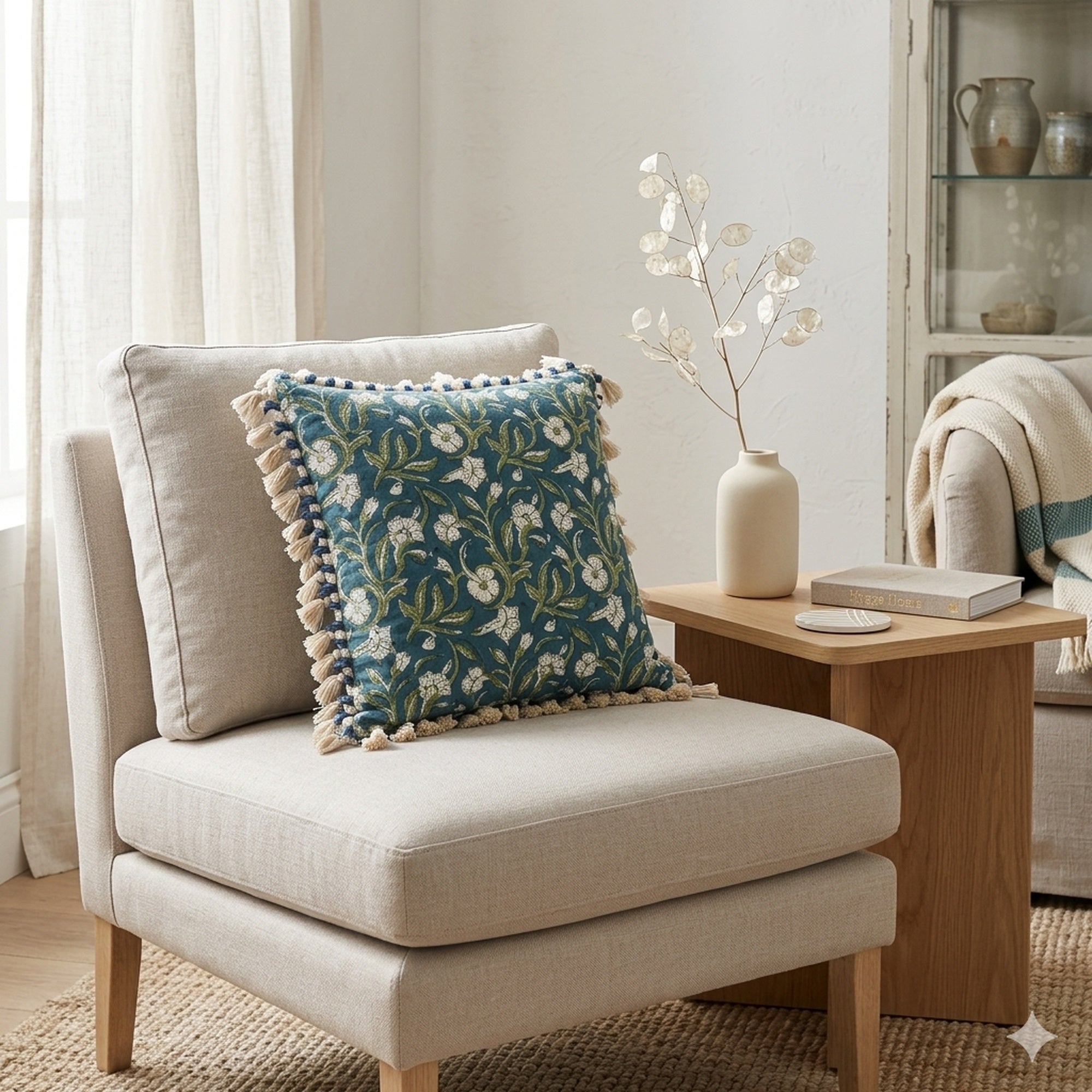 Indigo Floral Printed Pillow with Filler & Tassels, 20x20x6"