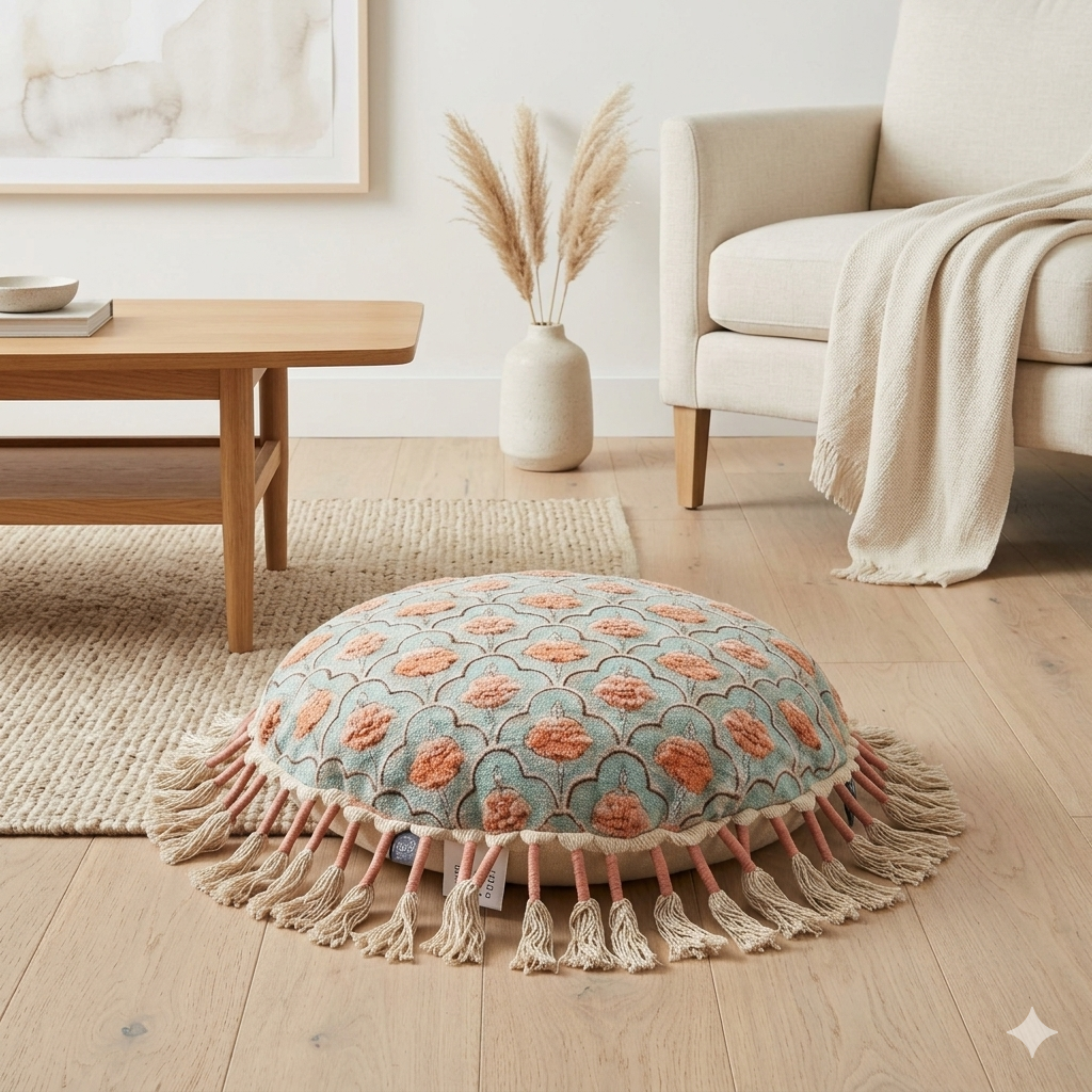 Printed Round Floor Pillow with Tassels, 20x20x3.5"
