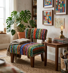 Upholstered Accent Chair, 25x25x27" with  Acacia Wood Frame