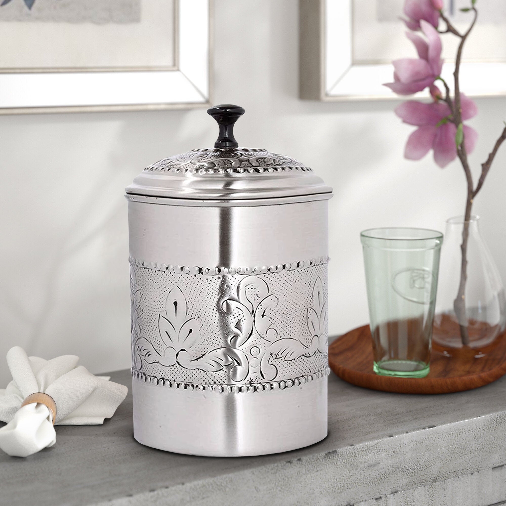 Embossed Stainless Steel Canister with Rubber Seal Lid | Antique Pewter Finish | Beautiful Food Storage Container for Kitchen Counter, Tea, Sugar, Coffee, Caddy, Flour Canister