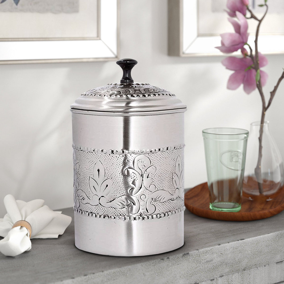 Embossed Stainless Steel Canister with Rubber Seal Lid | Antique Pewter Finish | Beautiful Food Storage Container for Kitchen Counter, Tea, Sugar, Coffee, Caddy, Flour Canister