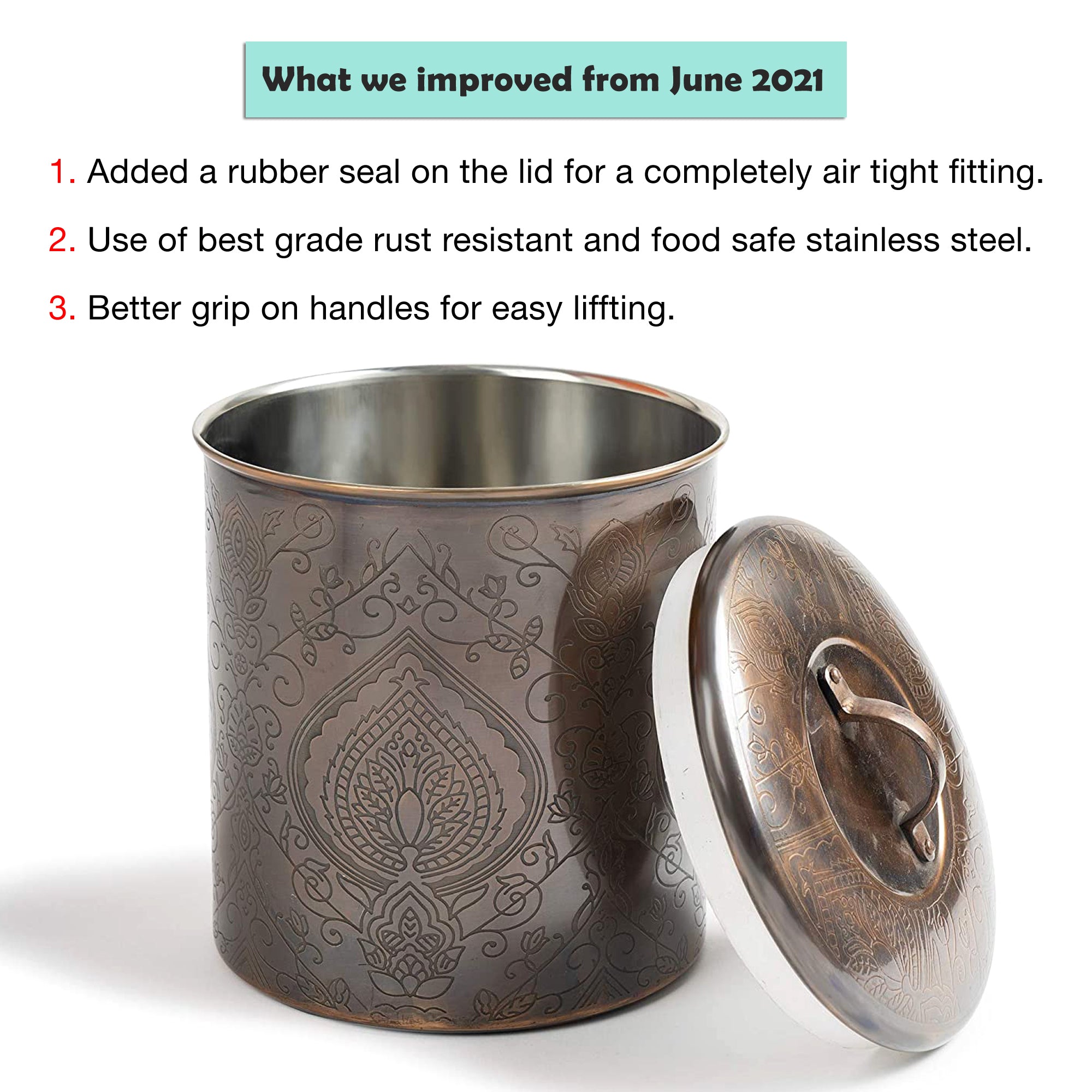 Stainless Steel Canister with Rubber Seal Lid |  Etched Antique Copper | 2 QT  | Beautiful Food Storage Container for Kitchen Counter, Tea, Sugar, Coffee, Caddy, Flour Canister