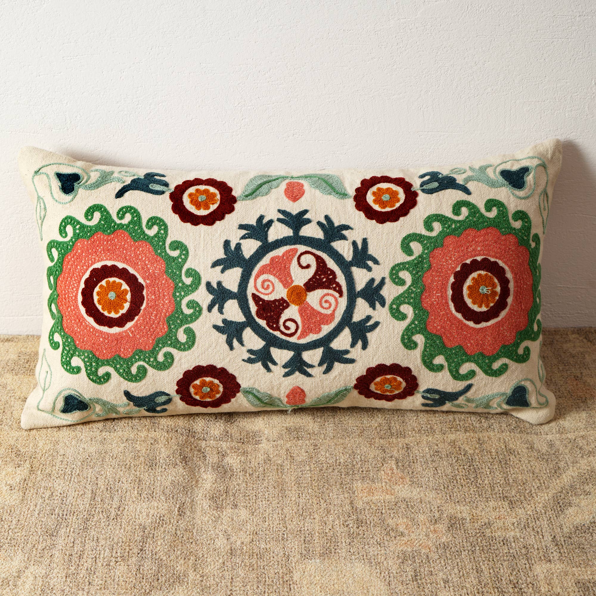 Suzani Embroidered Multicolor Lumbar Throw Pillow - 26"x 14"