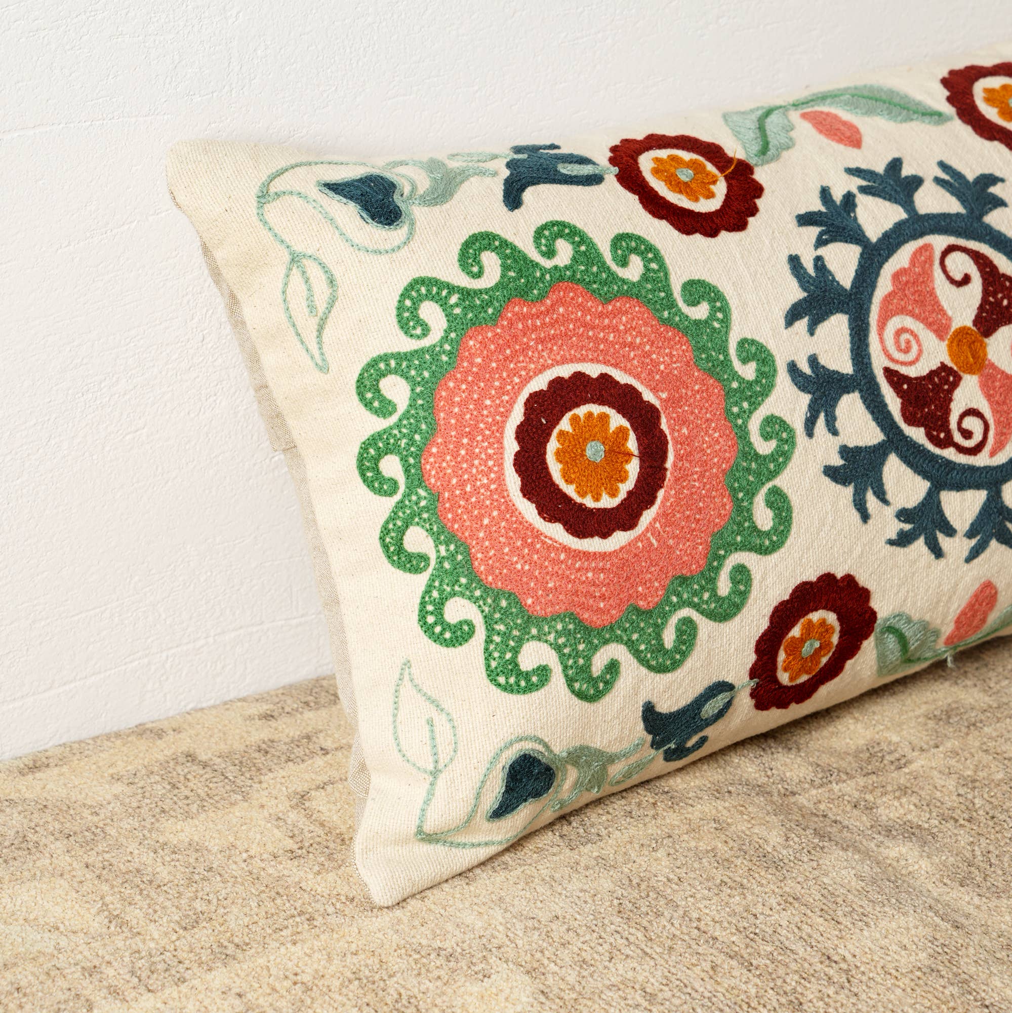 Suzani Embroidered Multicolor Lumbar Throw Pillow - 26"x 14"