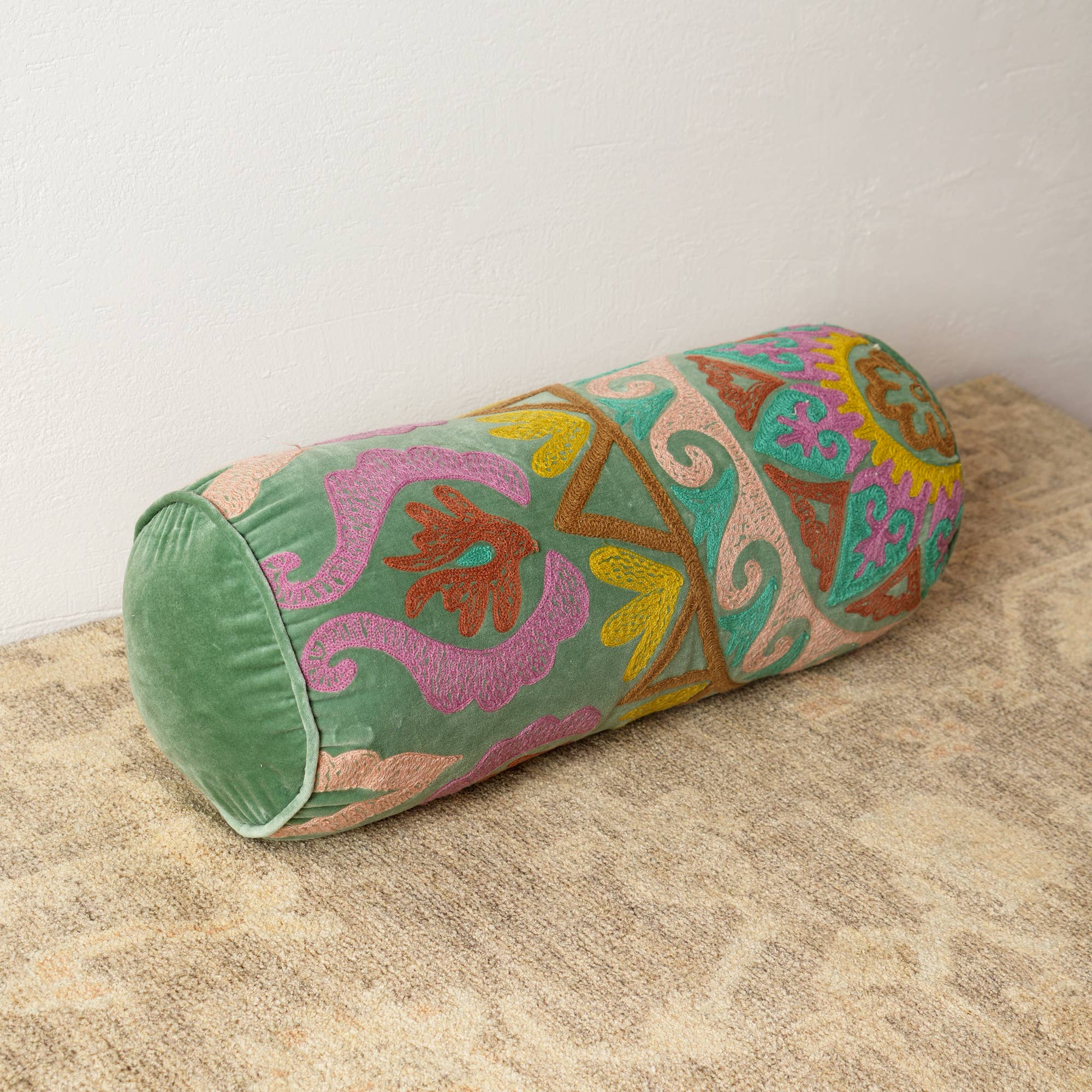 Decorative Suzani Embroidered Bolster Pillow - 21" X 8"