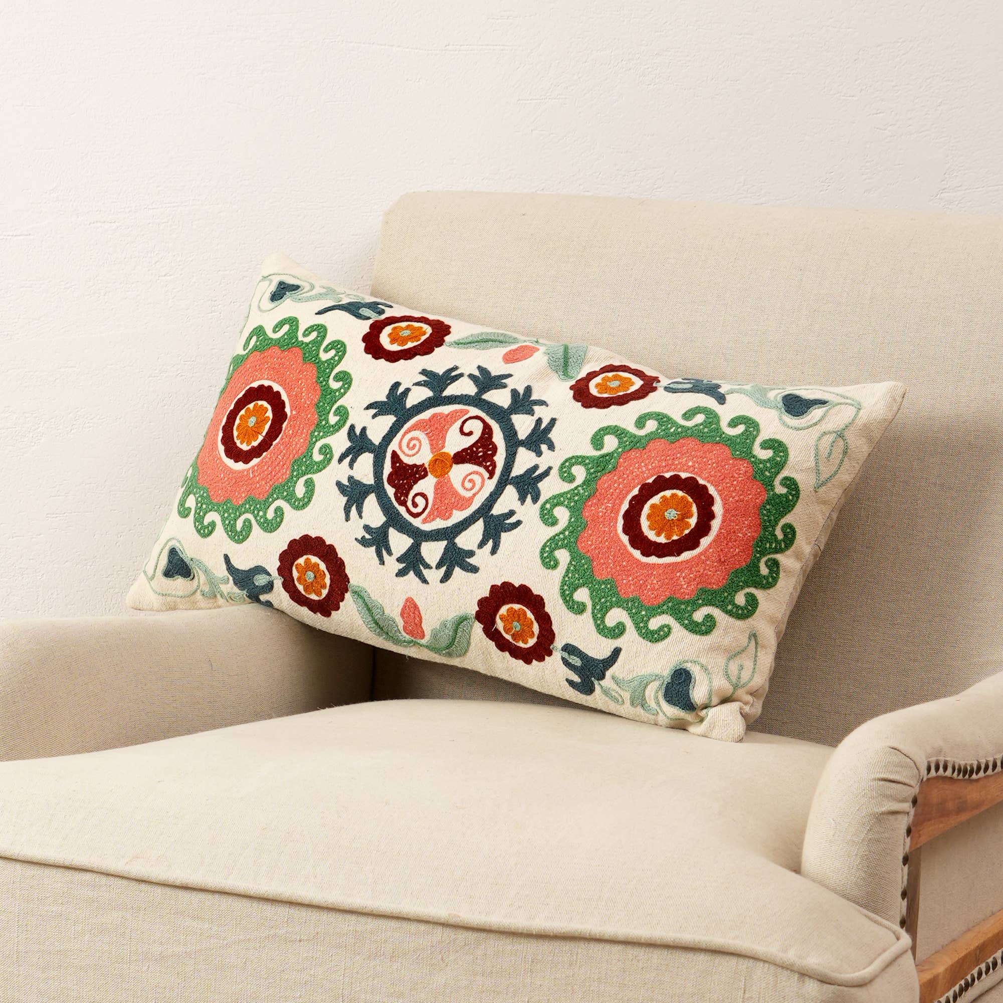 Suzani Embroidered Multicolor Lumbar Throw Pillow - 26"x 14"