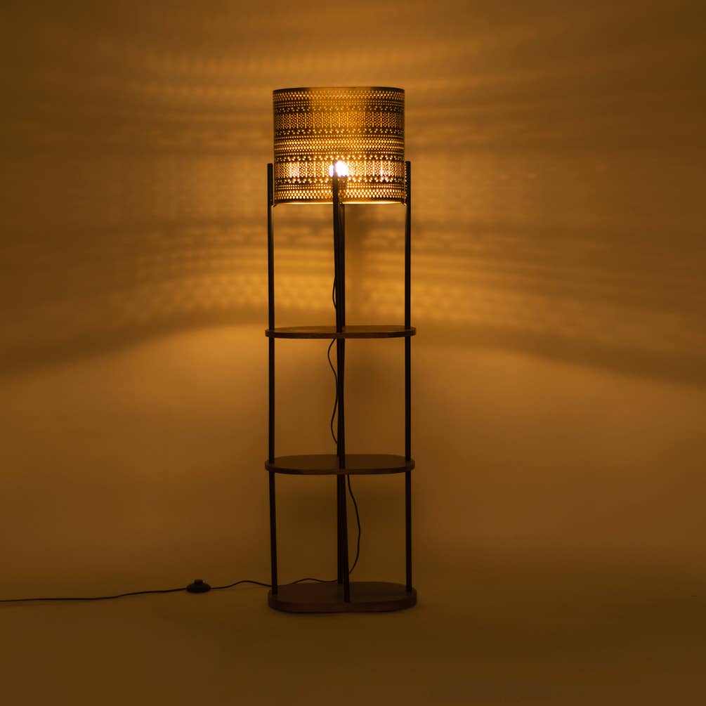 Vintage Floor Lamp with 4 Tier Wood Shelf | Gold Frame Storage Lamp 55"