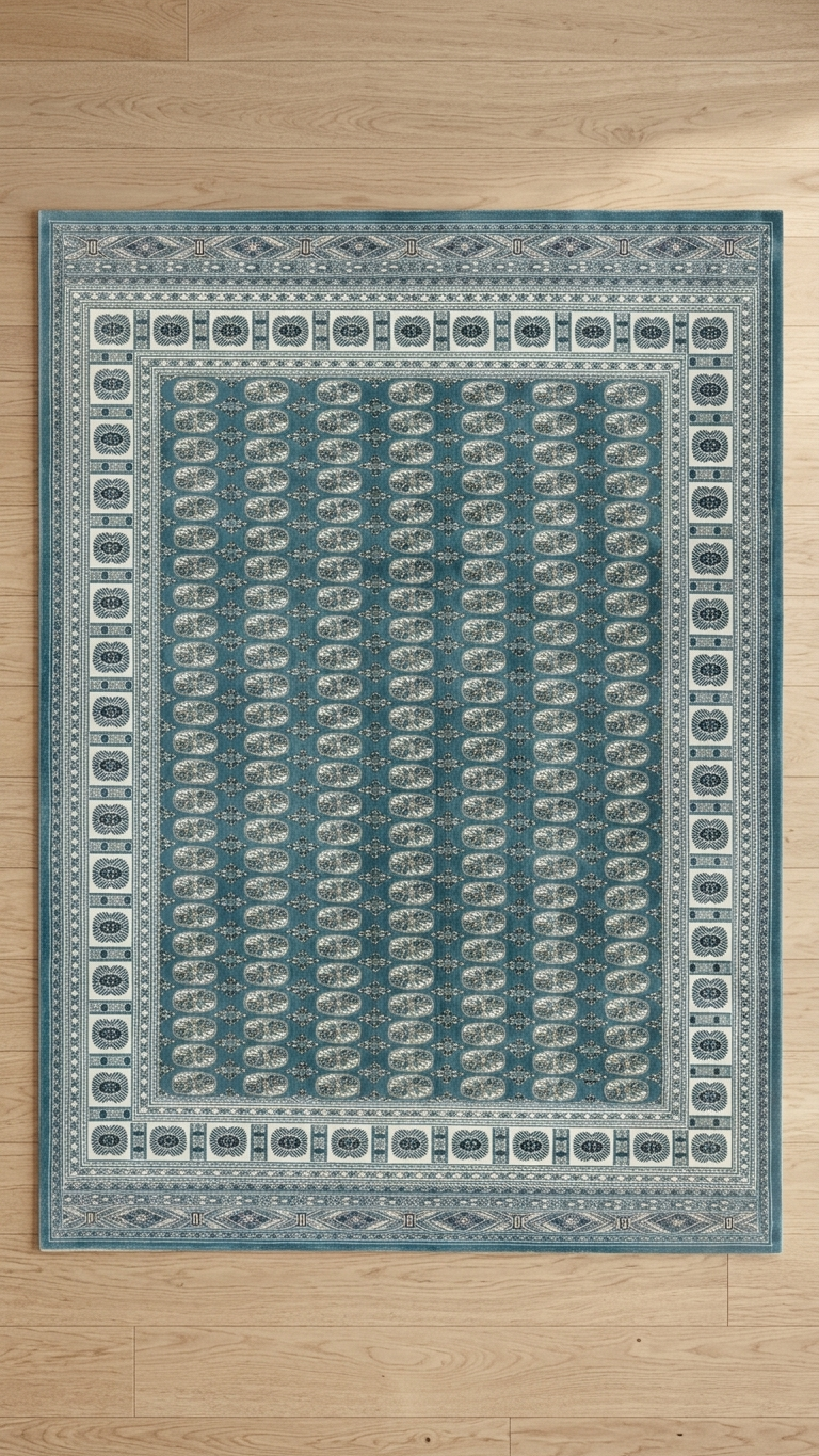 Sultan C669B Blue area rug styled in a bright living room setting