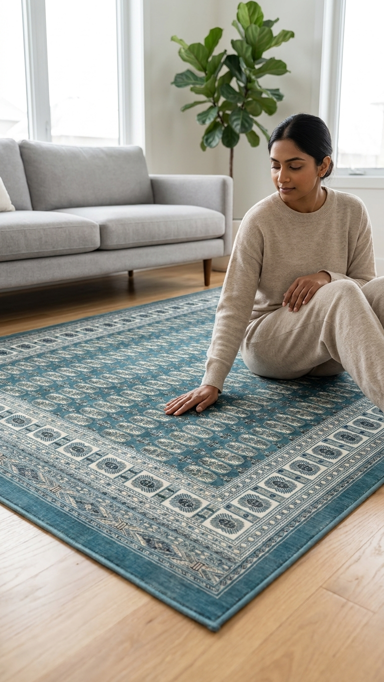 Sultan C669B Blue plush area rug styled with elegant furniture