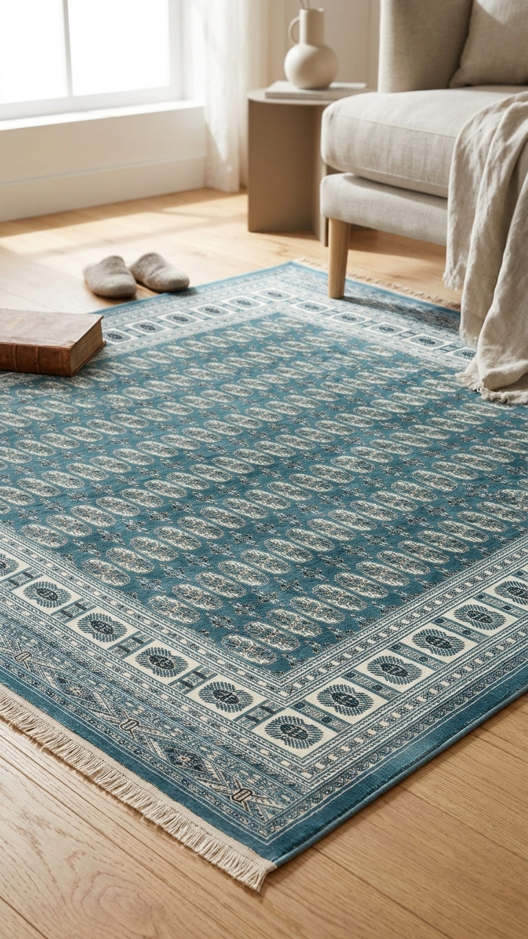 Sultan C669B Blue area rug styled in a refined interior setting