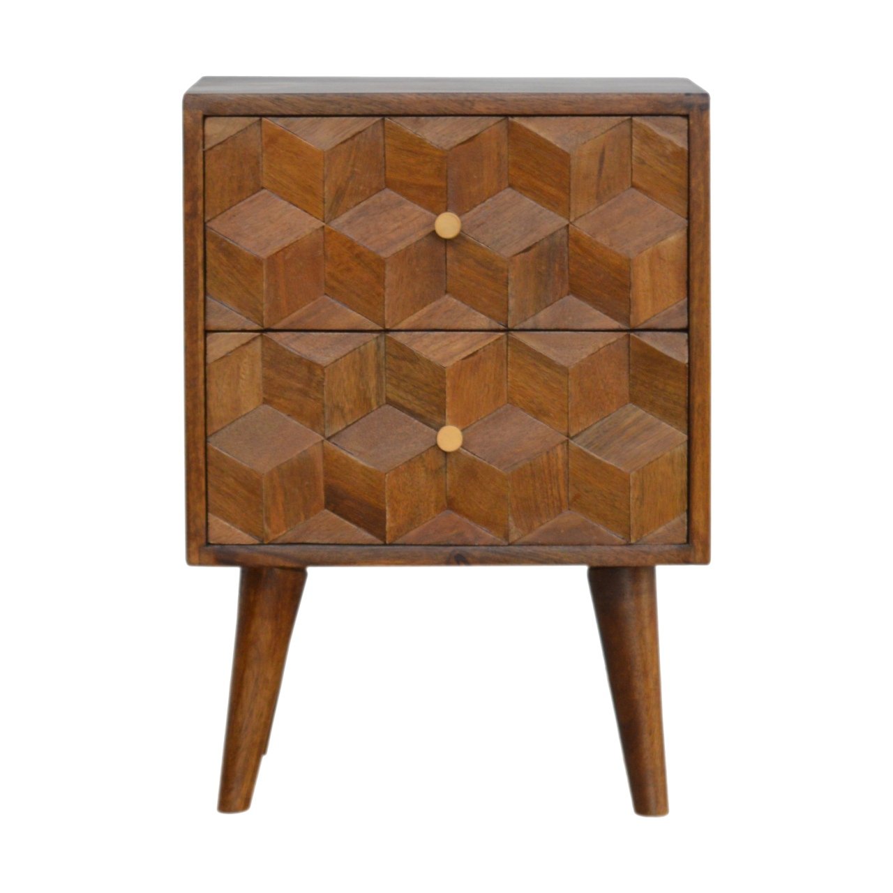 Chestnut Cube Carved Bedside Nightstand, Nordic Legs, 2-Drawers, Brown