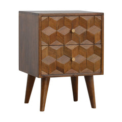 Chestnut Cube Carved Bedside Nightstand, Nordic Legs, 2-Drawers, Brown